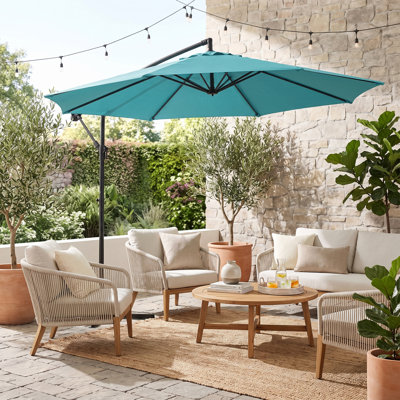 Parasol carré déporté de 3 m x 3 m avec manivelle, structure et base en croix thermolaquées, pour terrasse et jardin.
