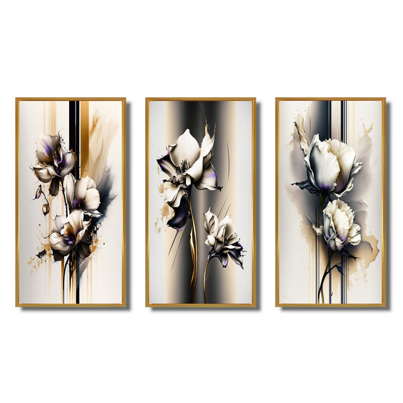 "Fleur d'orchidée blanche sur peinture beige doré", 3 pièces sur toile, H 28 po x l 36 po, Cadre flottant doré