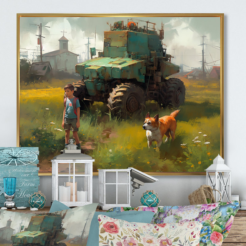 Children On The Farm V, reproduction d'art sur toile, H 12 po x l 20 po x P 1 po, Cadre flottant doré