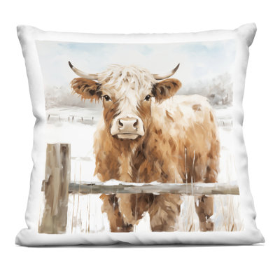 Highland Cow in Winter Pasture Decorative Printed Throw Pillow, design by Heidi Kuntz