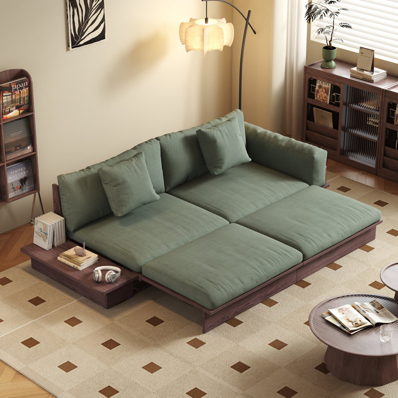 Grimpante 102.4'' Green Corduroy Upholstered Sofa Bed with Liftng Side Table,Sleeper with Wooden Frame, Walnut Wood