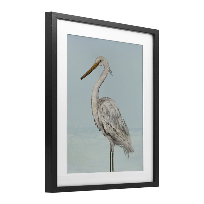 «Coastal Heron», impression encadrée sous verre bleu par Julie DeRice, H 21 po x l 17 po, Cadre noir minuit