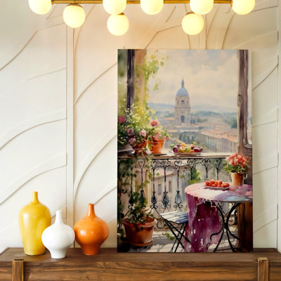 Paris, balcon, café, nature morte, vue sur la ville, reproduction d'art sur toile, art floral botanique contemporain décoratif pour le salon, chambre, bureau, couloir, appartement, galerie, décoration murale