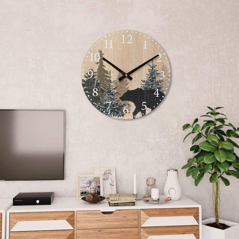 Cabin Bear Wall Clock 12 Inch Silent Non Ticking Clock Wooden Forest Wildlife Mountain Lodge Wall Clock Battery Operated Rustic Farmhouse Wall Clock