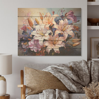 Pink And White Lilies Country Charm - Flowers Wood Wall Art On Natural Pine Wood