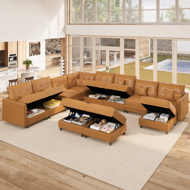 Edorta Upholstered U-Shaped Sectional, Brown Faux Leather