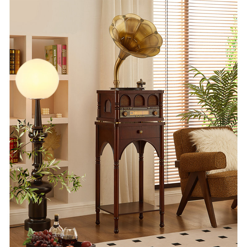 French-Style Vintage Floor-Standing With Bluetooth Vinyl Record Player, Brown/Gold