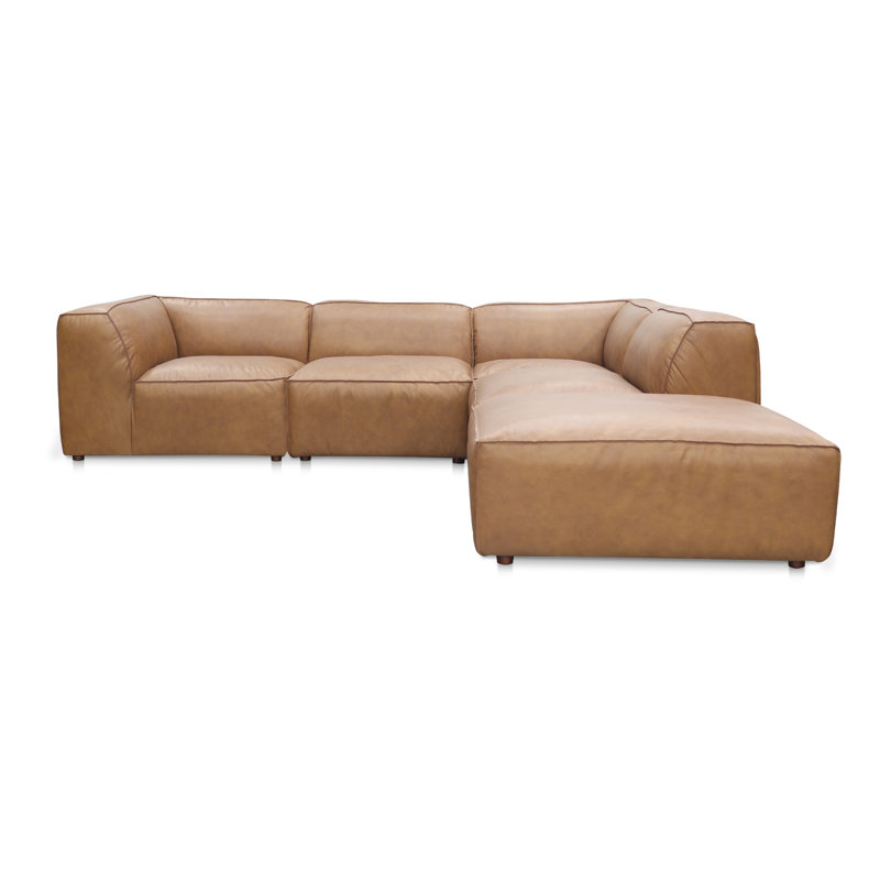 Form Astra 5 - Genuine Leather Modular Sectional with Ottoman, Tan Genuine Leather, 26" H x 112" W x 102.5" D