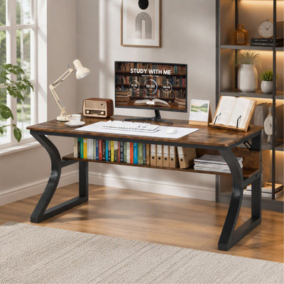 Bureau d'ordinateur de 47 po, bureau avec rangement, grand espace pour les jambes, table d'étude robuste en métal en forme de U, bureaux à domicile pour le travail d'écriture, rustique