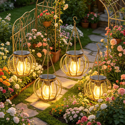 Lanternes solaires d'extérieur imperméables, lot de 4 lumières solaires suspendues en métal bronze améliorées, lanterne suspendue d'extérieur pour allumer / éteindre l'éclairage de jardin