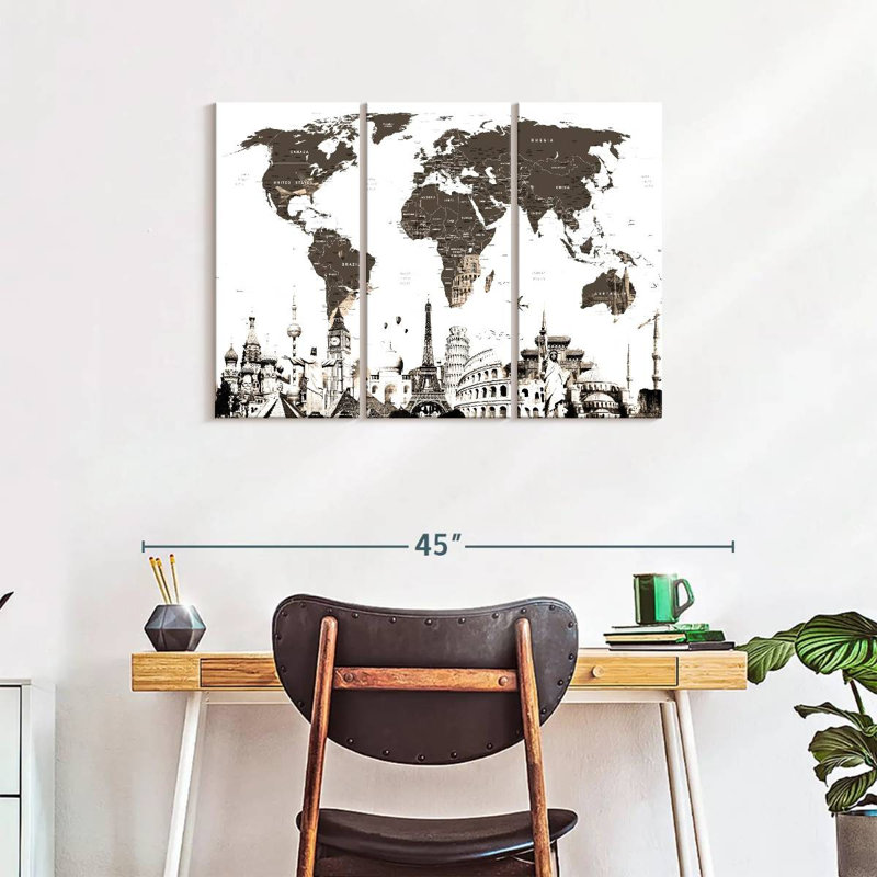 Ensemble 3 pièces carte du monde sur toile gris ardoise, H 24 po x l 38 po x P 1,25 po