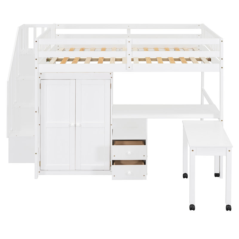 Lit mezzanine avec escalier, bibliothèque intégrée, bureau et rangement, structure multifonctionnelle peu encombrante, Blanc