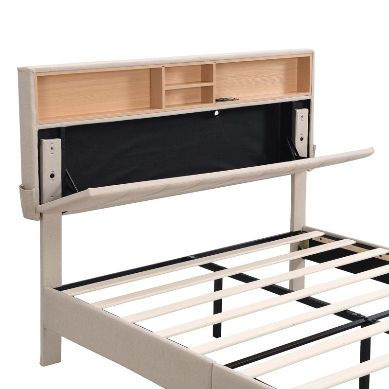 Isenberg Vella Upholstered Bookcase Platform Bed, Full, Beige