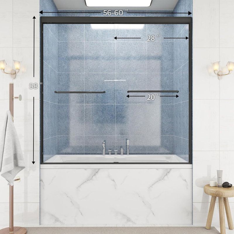 56"-60"W X 58"H Semi-Frameless Shower Door - 6Mm Tempered Glass, Adjustable Aluminum Frame, Towel Bar Handle & Explosion-Proof Film