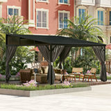 12*14FT Wall-Mounted Hardtop Gazebo With Curtains & Mosquito Net For 6-7 People