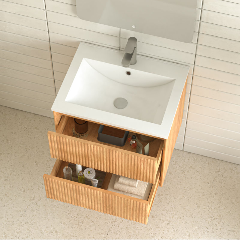 Ensemble de meuble-lavabo flottant 24 po, armoire de salle de bain murale en bois massif avec 2 tiroirs de rangement, lavabo intégré en résine blanche