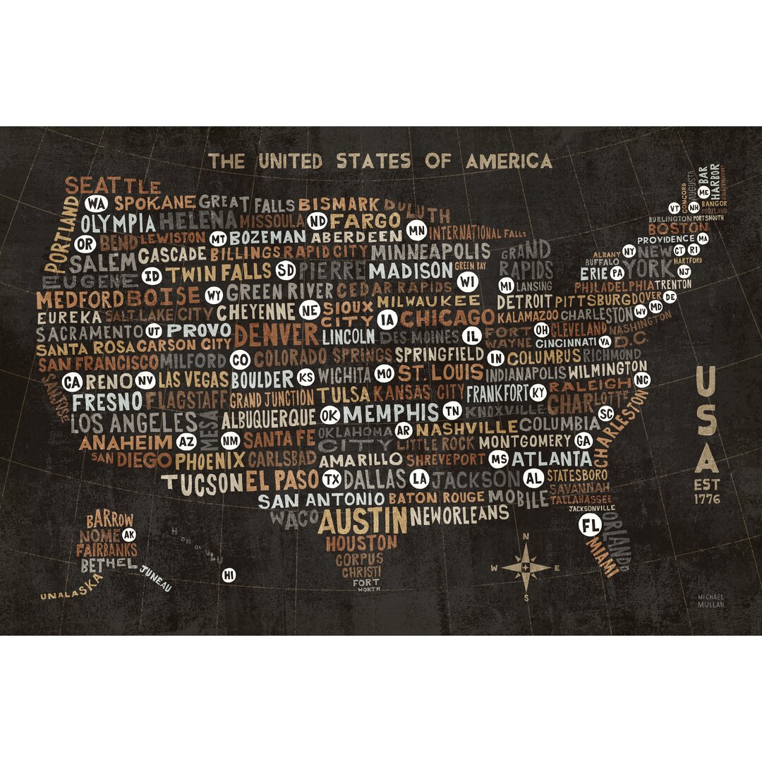 Leinwandbild US City Map Black von Michael Mullan