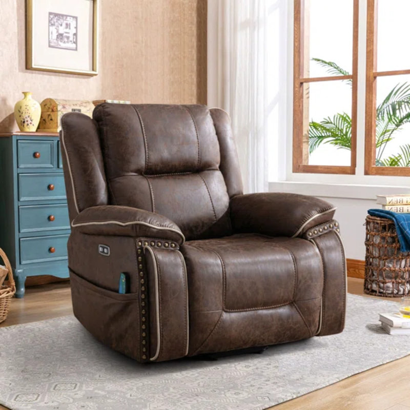 Khristina 40" Wide Vintage Vegan Leather Dual Motor Power Lift Assist Recliner with Adjustable Headrest & Hidden Cup Holders & USB Port & Heating & Massage
