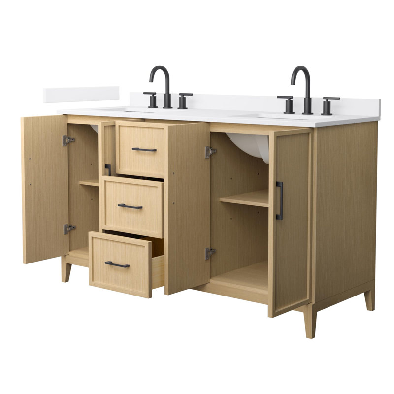 Ensemble de meuble-lavabo double 60 po Elan, Chêne blanc avec bordure noir mat, Comptoir en marbre de culture blanc