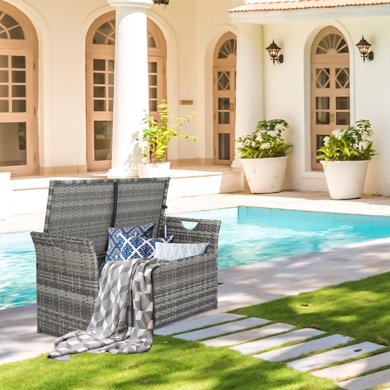 Patio 33 gallons Banc de rangement en PE avec coussin en osier, Gris