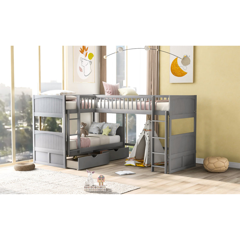 Lit superposé simple Space avec mezzanine et deux tiroirs gris - Conception avec possibilités de rangement pratiques, Gris