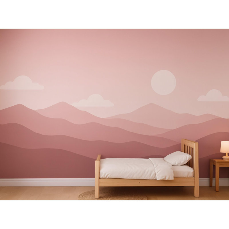 Blush Mountains and Clouds Wallpaper Mural, Peel and Stick Kids Room Wall Mural, Layered Silhouette Landscape Nursery Wallpaper