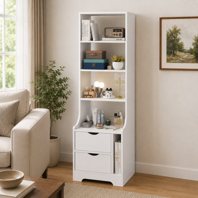 Table de chevet blanche avec tablettes ouvertes et tiroirs, design compact et peu encombrant