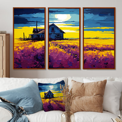 «White Country House Lavender Field Sunset», ensemble d'art mural paysage