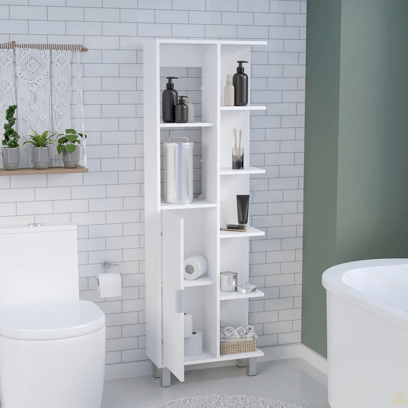 63" H Linen Bathroom Cabinet with Seven Open Shelves, One Drawer and four legs