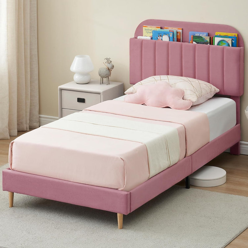 Twin Size Velvet Platform Bed with Bookcase Headboard, Storage Upholstered Bed Frame for Kids and Girls, Strong Wood Slats and Metal Legs, Easy Assembly