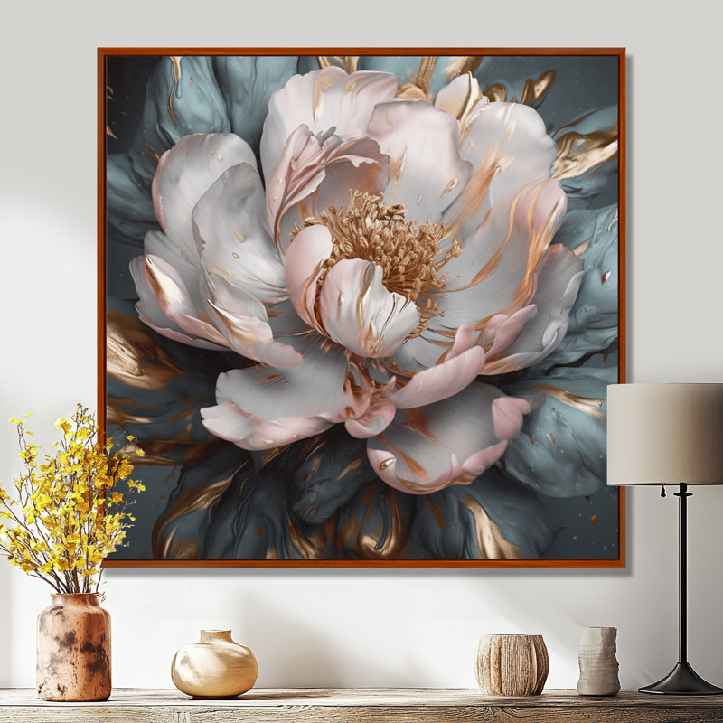 Pivoines roses et grises en fleurs I - impressions florales sur pivoines, H 30 po x l 30 po, Cadre flottant brun