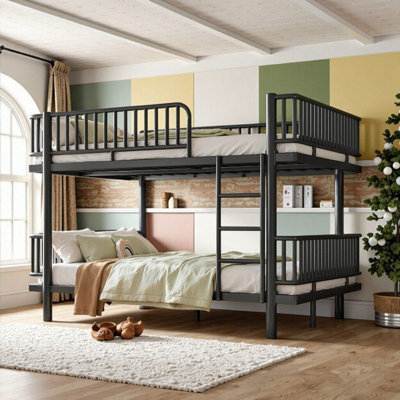 Queen Over Queen Bunk Bed With Ladders & Guardrails, Metal Frame, Convertible To 2 Beds