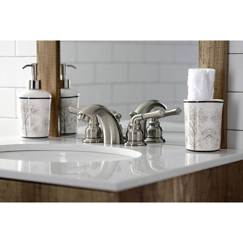 Kingston Brass Victorian Two-Handle 3-Hole Deck Mount Mini-Widespread Bathroom Faucet with Brass Pop-Up, Brushed Nickel