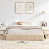 Lit plateforme tapissier hydraulique avec rangement à lattes en bois, robuste et sans bruit, facile à assembler, beige