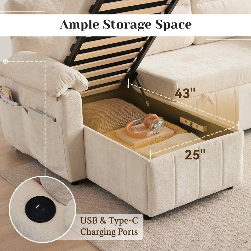 84'' Upholstered Sleeper Sofa L Shape Sofa Bed With Storage and USB, Cream