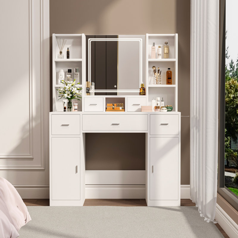 Nouvelle coiffeuse à miroir intelligente avec tiroirs et armoire de rangement, coiffeuse avec coussin de dressage, White