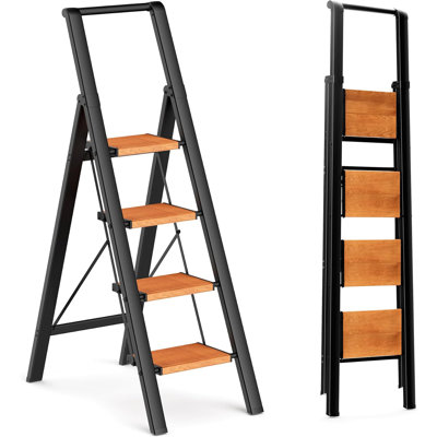 4 Step Ladder, Lightweight Aluminum Folding Step Stool With Anti-Slip Wide Pedal And Handgrip, Sturdy Space-Saving Stepladder For Home Use