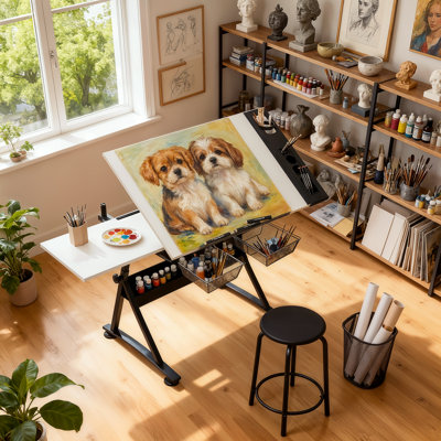 Draft Desk Drawing Table with Stool Set, Height Adjustable Desk Tiltable & Slide-Out Tabletop