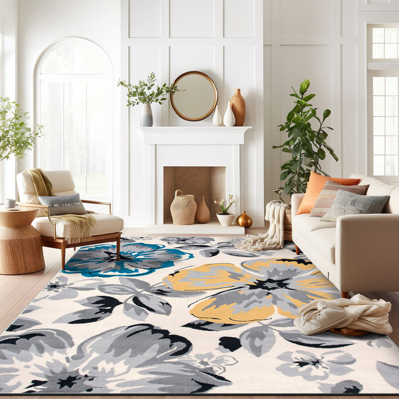 Modern Floral Cream/Yellow/Blue Performance Area Rug, Rectangle 10' x 14'