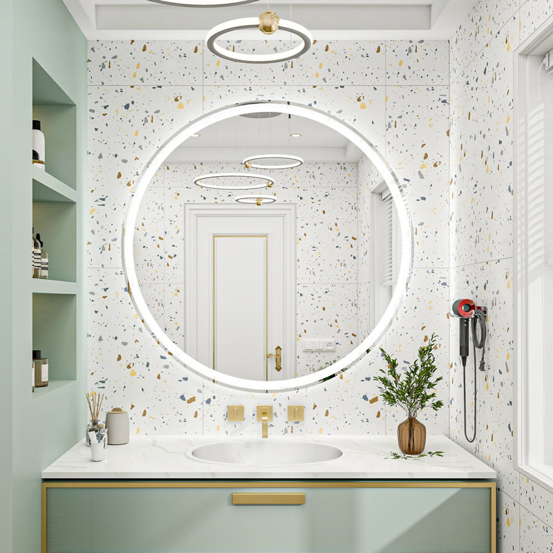 Miroir de salle de bain rond rond à fixation murale 3 lumières à DEL