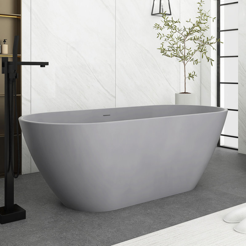 Baignoire à surface solide de 63 po de couleur gris avec trop-plein et bonde escamotable pour salle de bain contemporaine