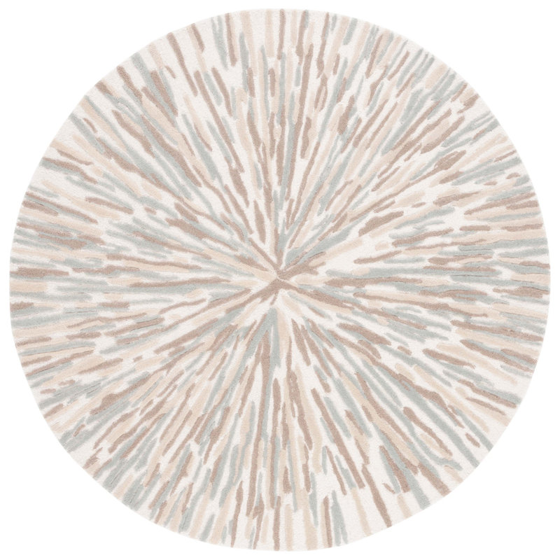 Round Desin Abstract Hand Tufted Wool Area Rug in Ivory/Grey, Round 4'