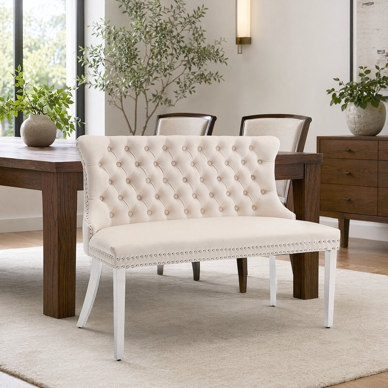 Banc de causeuse Elegant - revêtement en velours doux, dossier à oreilles capitonné, Beige, Argent argent