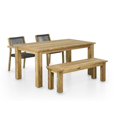 Ensemble de table de salle à manger d'extérieur 63 po en teck récupéré 63 po avec banc en teck de 51 po et deux fauteuils en corde de teck