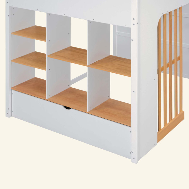 Lit mezzanine avec tablettes, lit mezzanine en bois avec échelle et tablettes de rangement, Full / Double, White+Natural