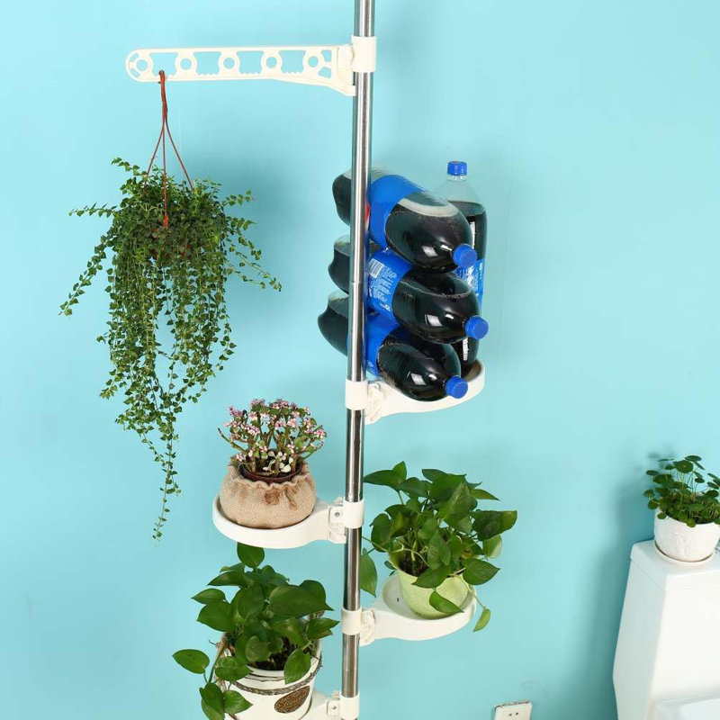 Adjustable 5-Tier Tension Rod Plant Stand With Rotating Trays And Hanger, Rust-Proof Stainless Steel And ABS/PP Plastic Multi-Use Flower Display Rack