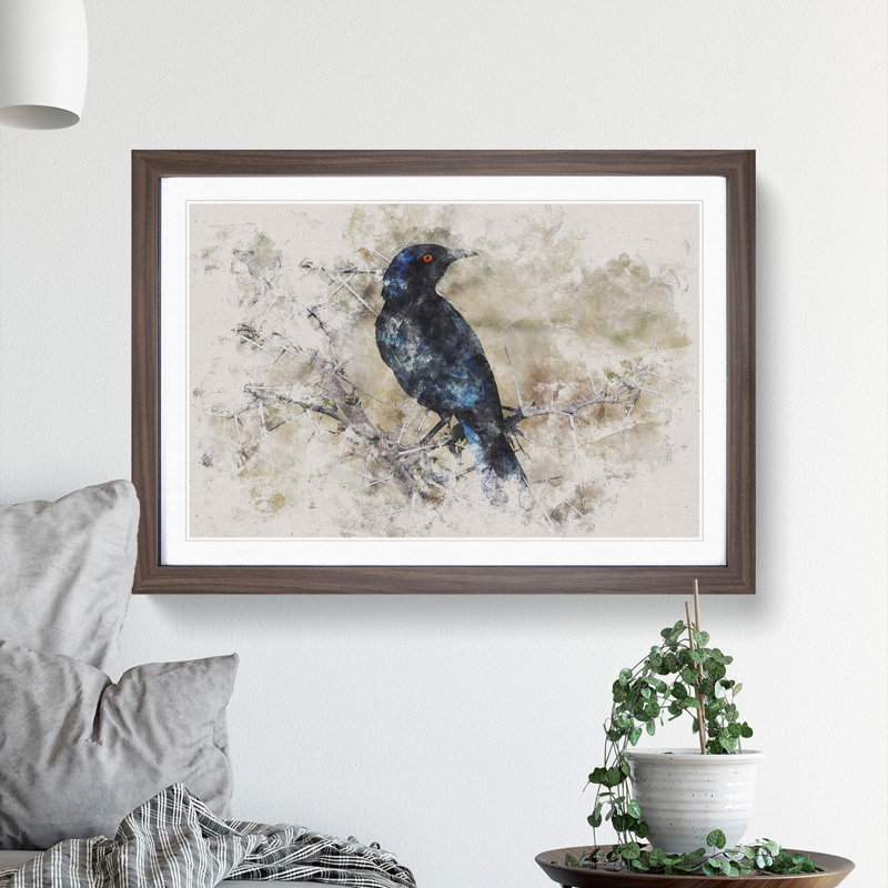 Starling Bird Watercolour - Picture Frame Graphic Art, 27cm H x 36cm W x 2cm D, Walnut