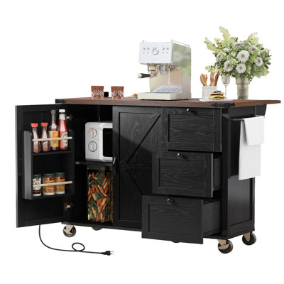 Farmhouse Kitchen Island with Power Outlet, Kitchen Storage Island  with Internal Storage Rack, Drop Leaf, Spice Rack, Rolling Kitchen Cart on Wheels, for Home, Kitchen and Dining Room
