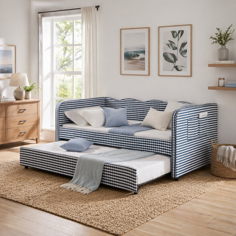 Lit de jour rembourré convertible 3-en-1 en vichy avec lit gigogne escamotable et poche de rangement latérale, Lit simple