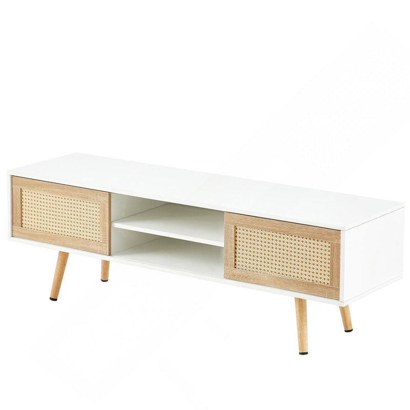 55.12" Rattan TV Cabinet, Double Sliding Doors For Storage,  Adjustable Shelf, Solid Wood Legs, TV Console For Living Room